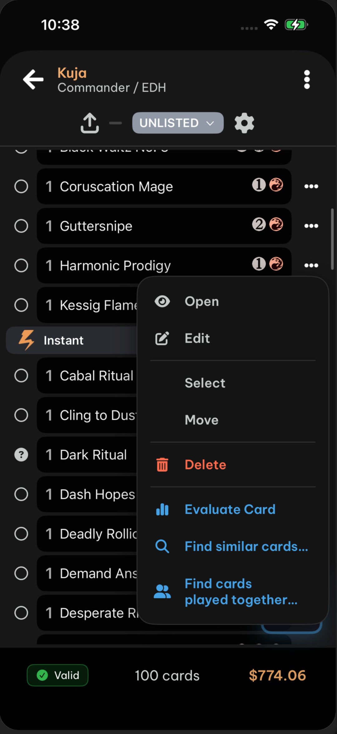 Card menu with Evaluate card, Find similar cards and Find cards played together