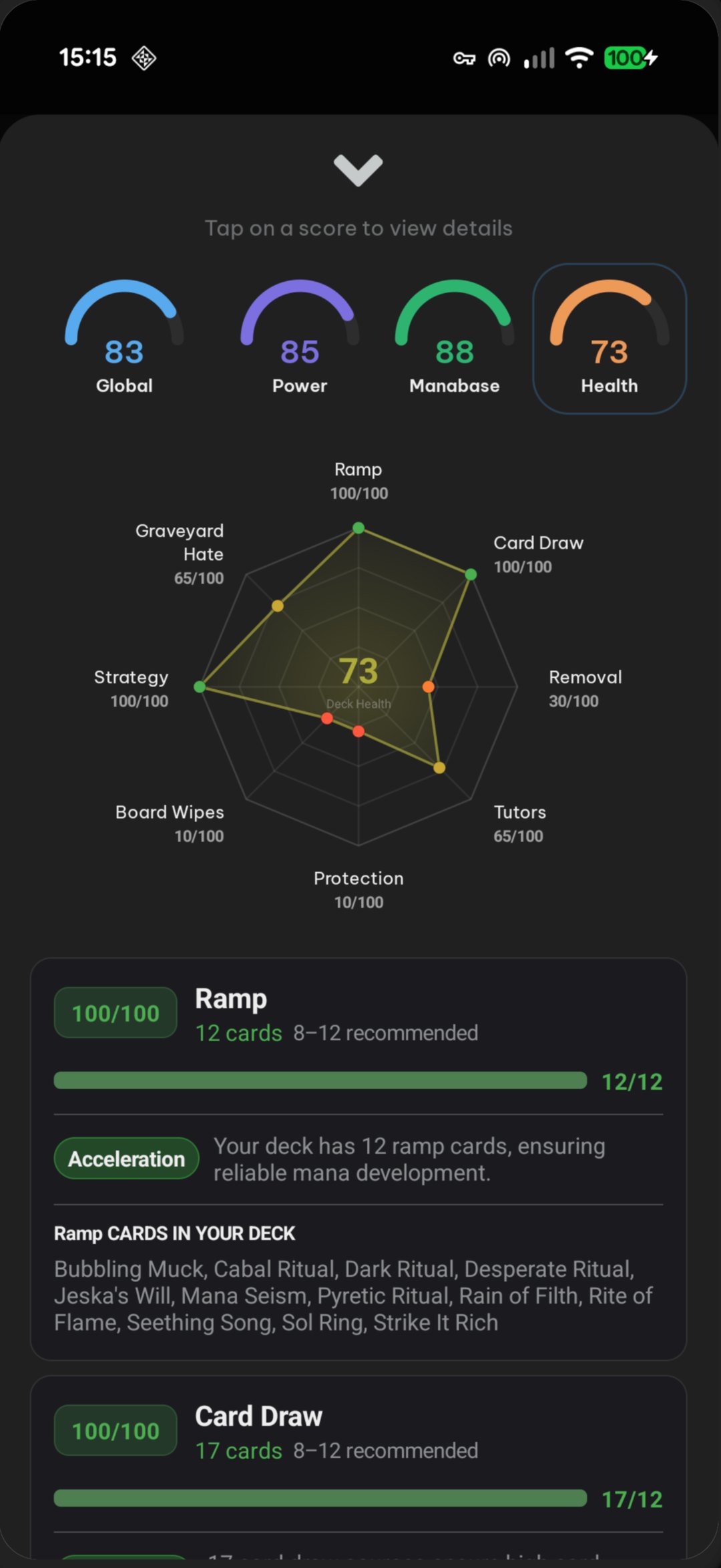 Deck health radar chart and category scores
