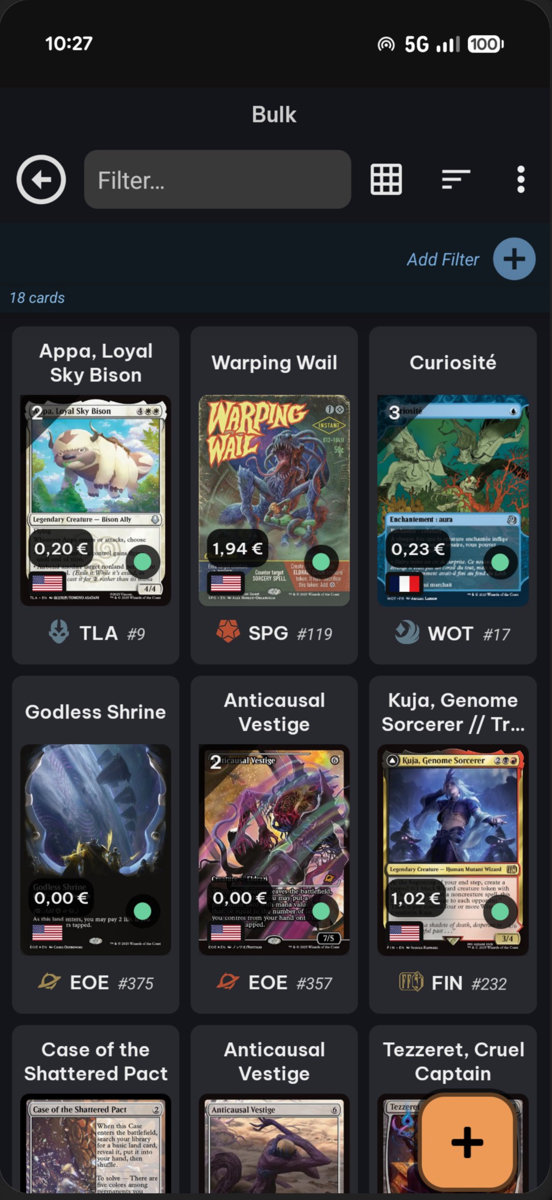 Collection browser with card prices